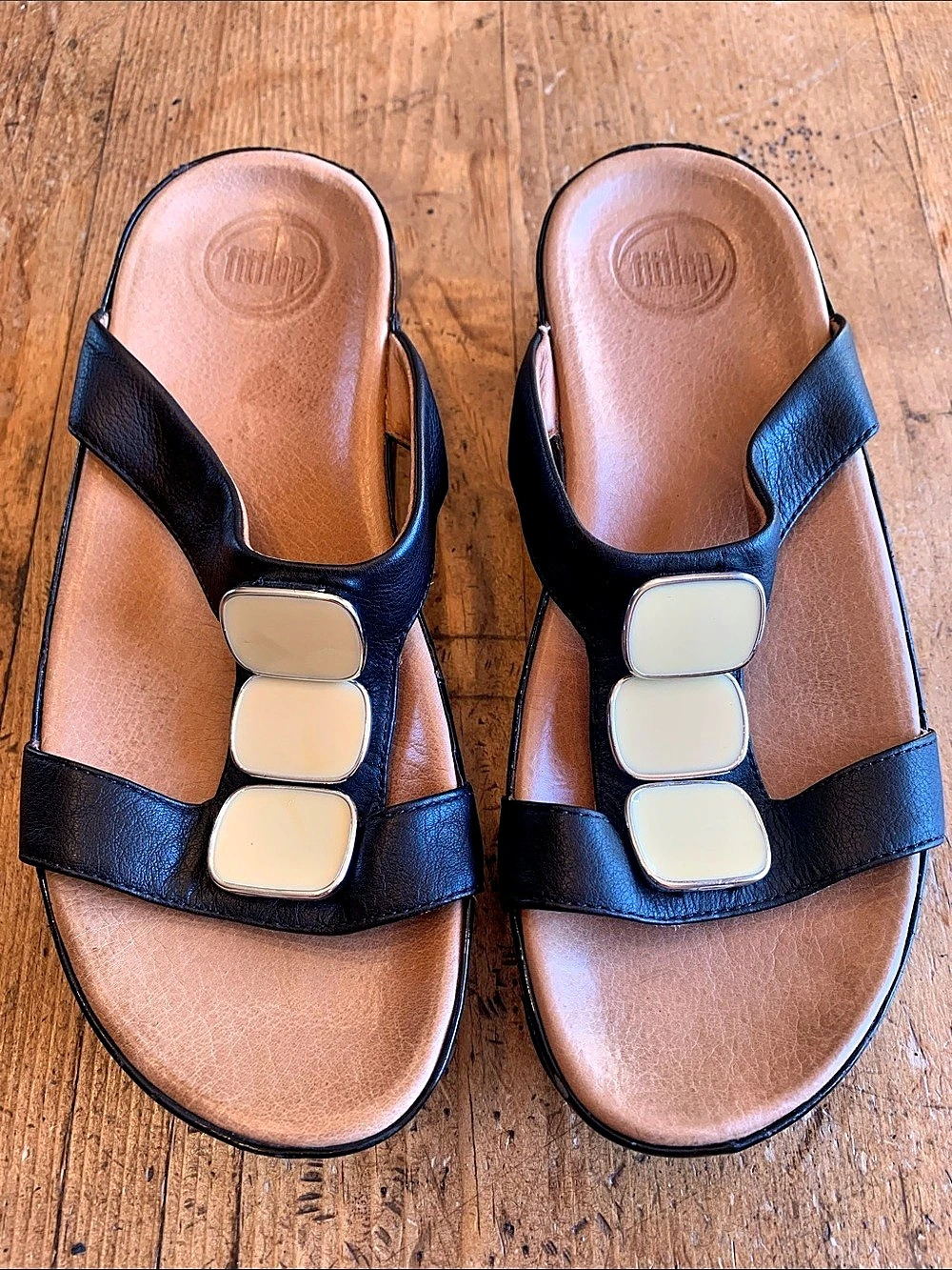 Fit Flop Black Leather Pietra Slide Sandals US 7